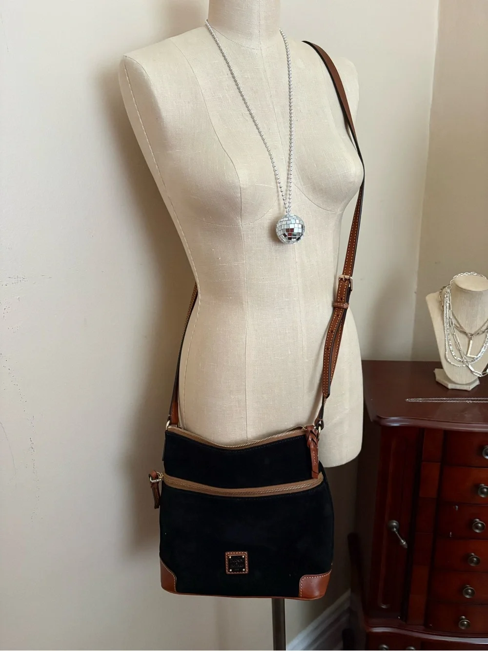 Dooney & Bourke Black Suede Messenger with Brown Leather Trim